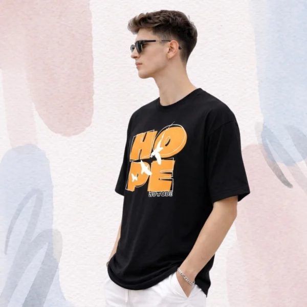 Men’s Oversized Black Graphic T-Shirt -Hope Attitude Printed Casual Tee