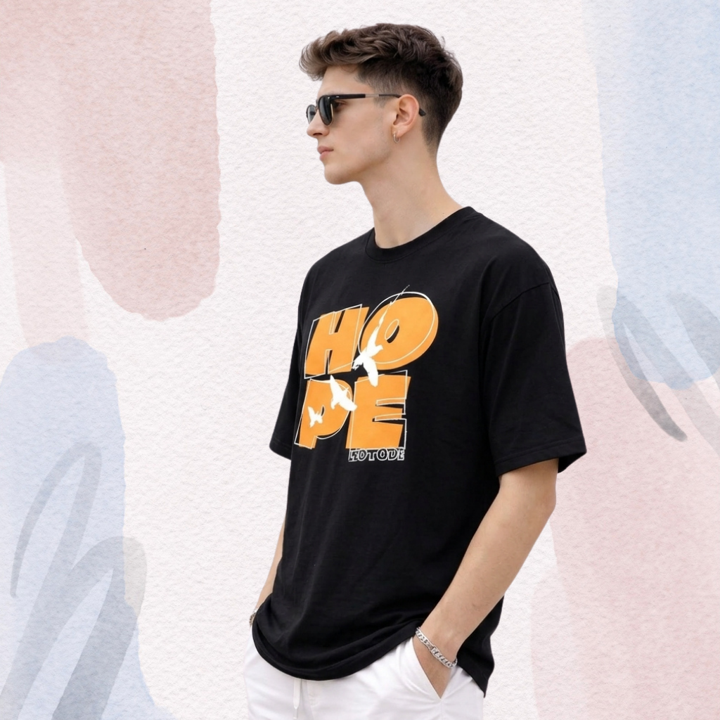 Men’s Oversized Black Graphic T-Shirt -Hope Attitude Printed Casual Tee