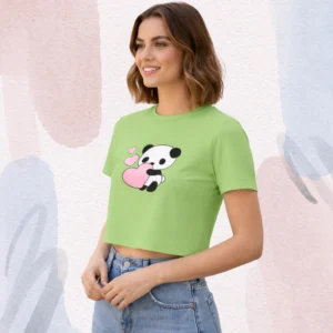 Women’s Panda Heart Printed Green Crop T-Shirt
