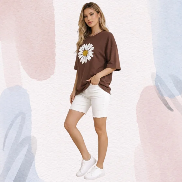 Women Oversized Daisy Print T-Shirt  Casual Loose Fit Graphic Tee